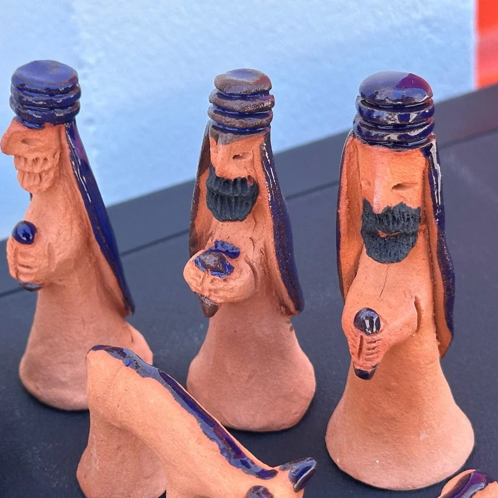 Blue Glaze Terrracota Mexican Nativity Set Folk Art Hand Painted Pottery 11 Pcs